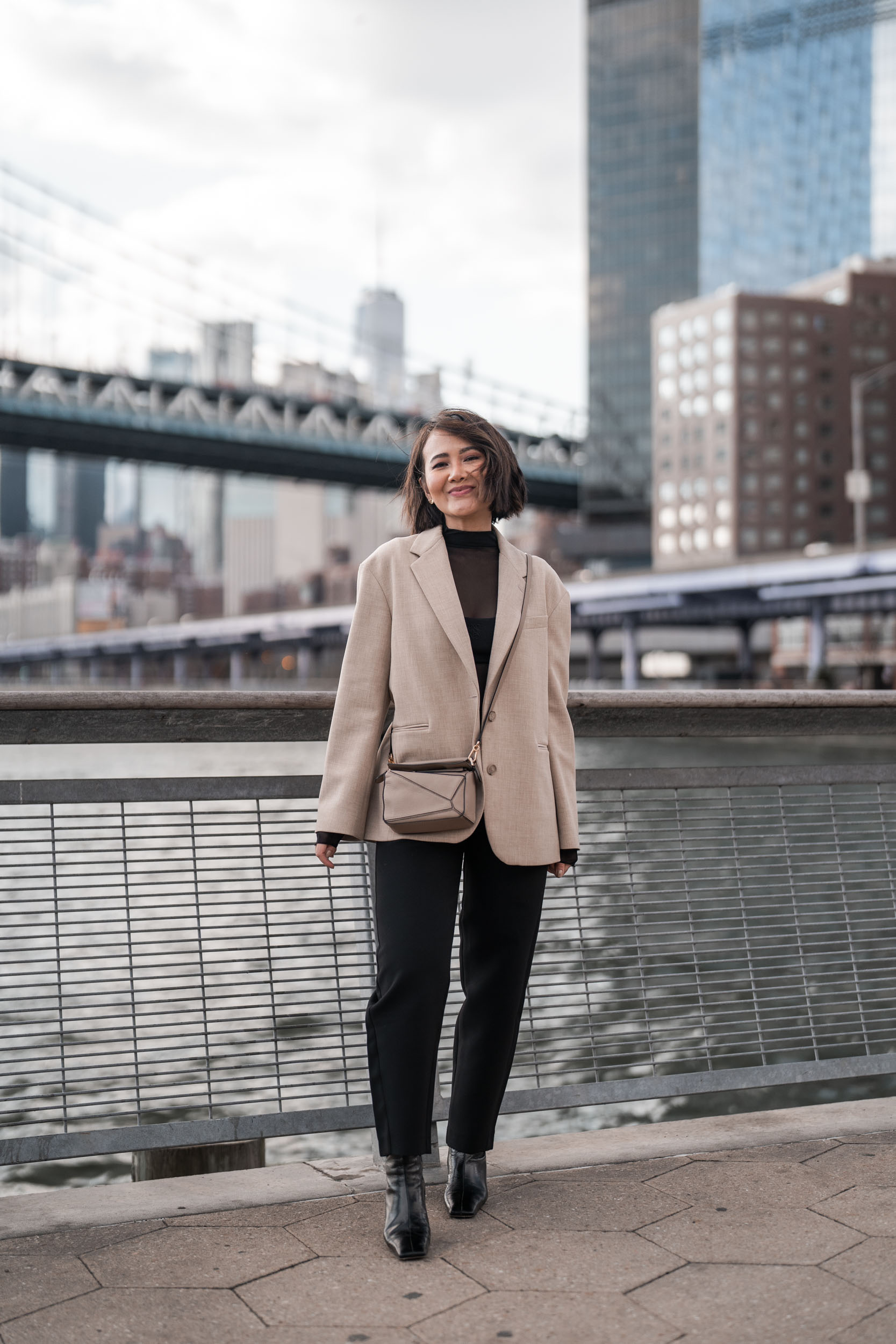 Style & Senses-An Trieu_Loewe mini puzzle bag Aritzia Babaton blazer toteme trousers by Far boots Pier 35 NYC Loewe bralette