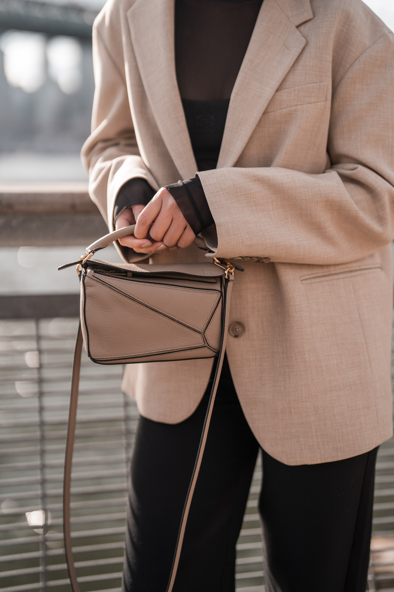 Style & Senses-An Trieu_Loewe mini puzzle bag Aritzia Babaton blazer toteme trousers by Far boots Pier 35 NYC Loewe bralette